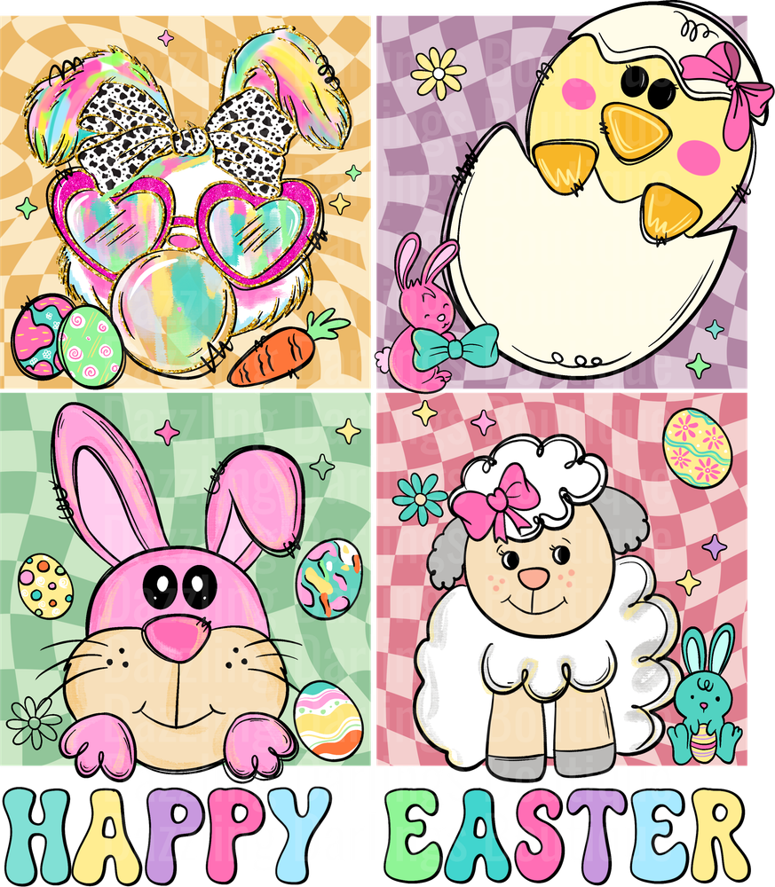 Happy Easter Bunny Chick Lamb Pastel Checkered Design