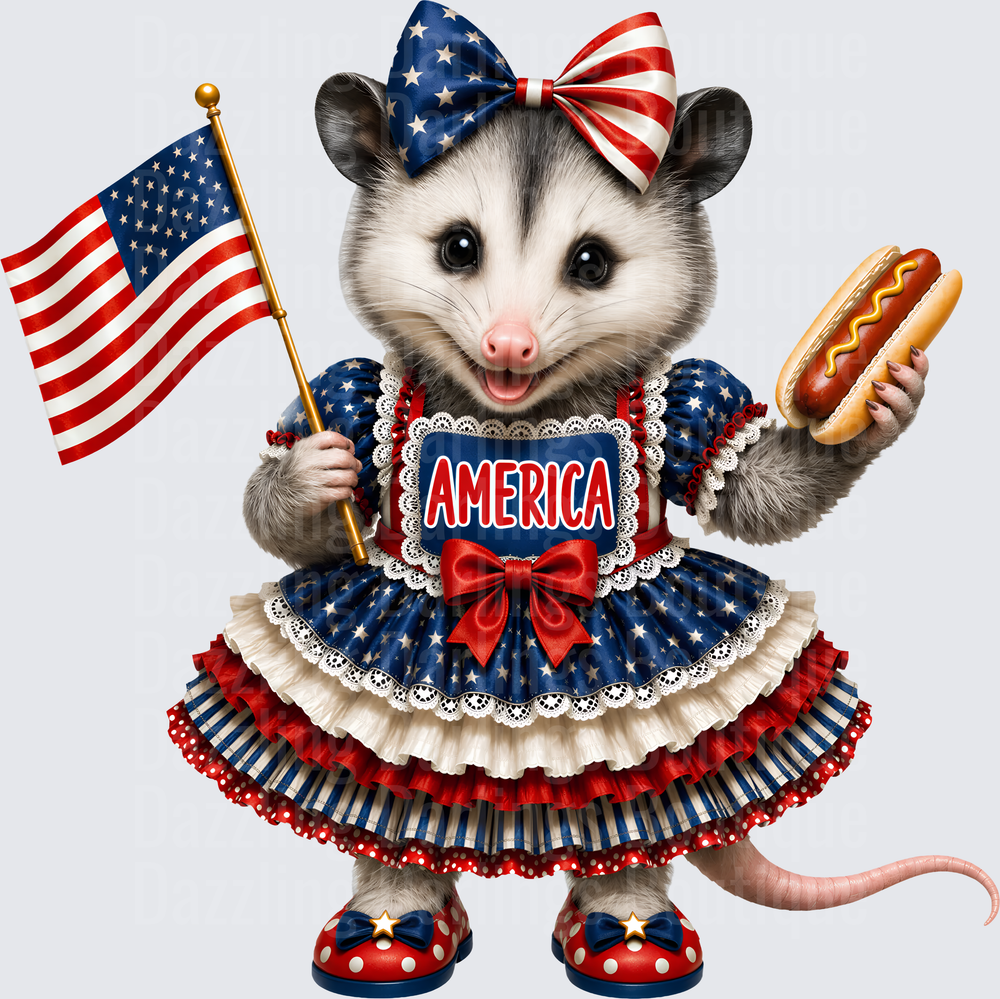 Patriotic Opossum in American Flag Dress Holding Hot Dog and Flag