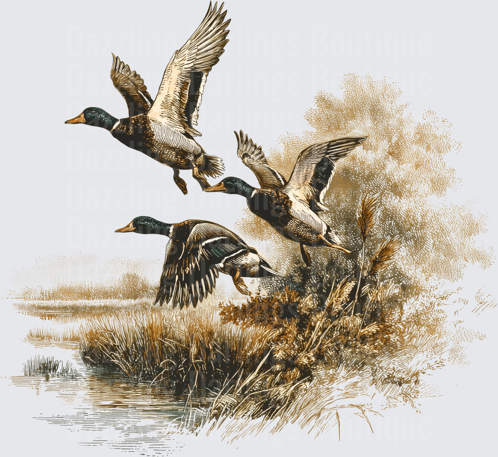 Mallard Ducks Taking Flight Over Marsh Wetlands Vintage Art