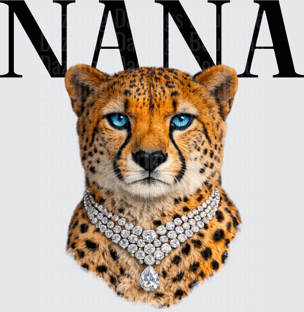 Glamorous Cheetah with Diamond Necklace and Blue Eyes NANA Text