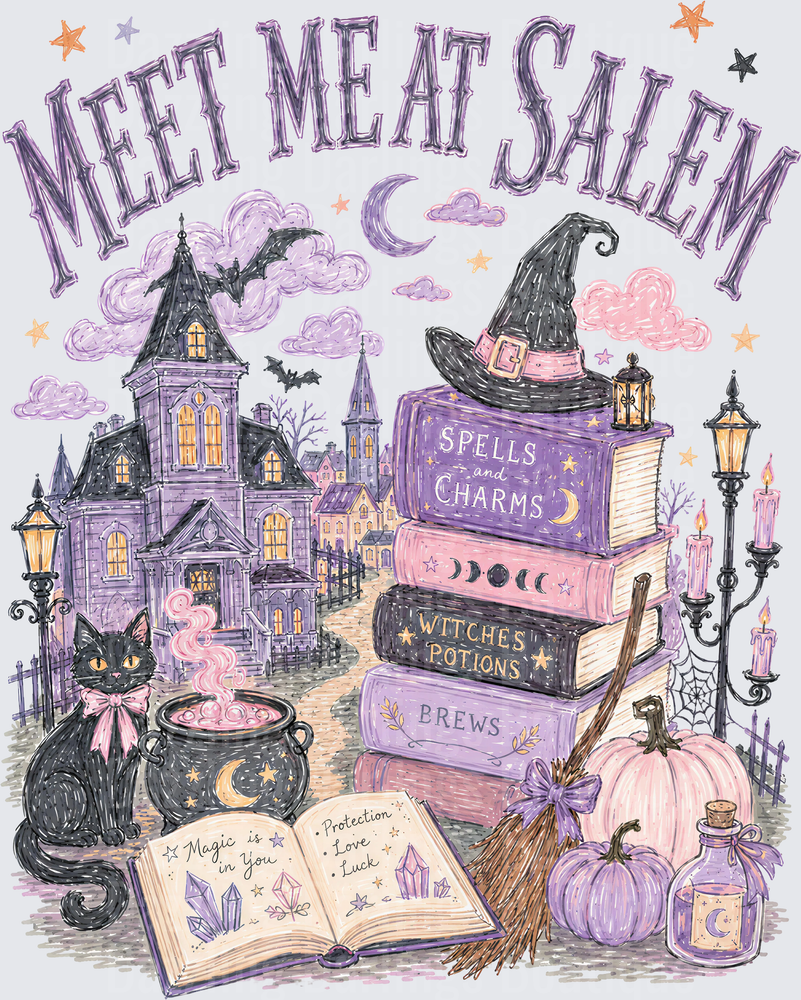 Meet Me At Salem Witchy Halloween Scene with Black Cat