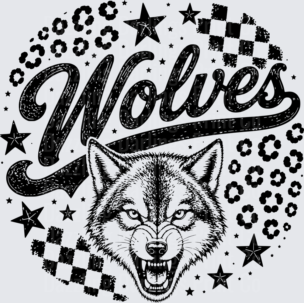 Wolves Script Snarling Wolf Head Stars Leopard Checkered