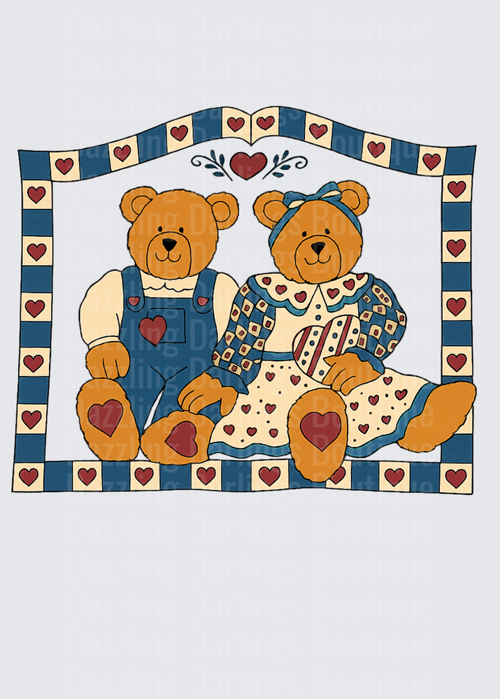 Country Folk Art Teddy Bear Couple with Hearts Border