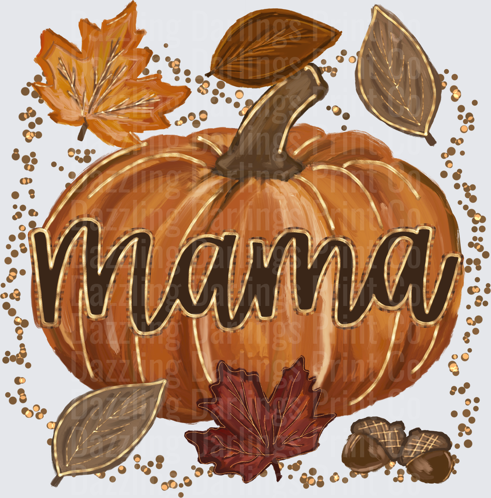 Fall Mama Pumpkin with Autumn Leaves and Acorns Gold Glitter
