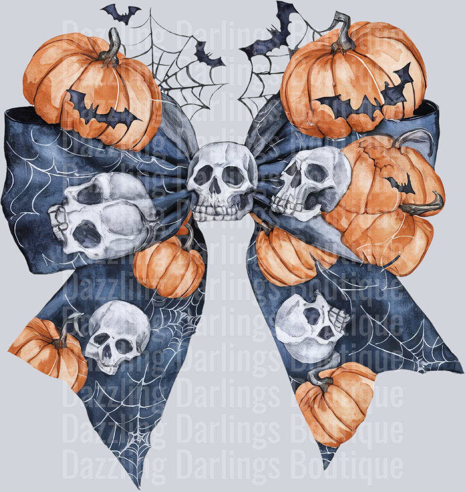 Halloween Fall Coquette Bow Navy Watercolor Skulls Pumpkins