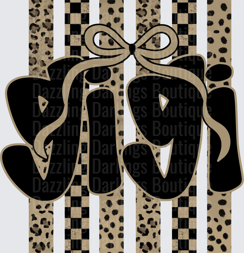 Gigi Script Name with Bow Over Leopard Print and Checkered Stripes