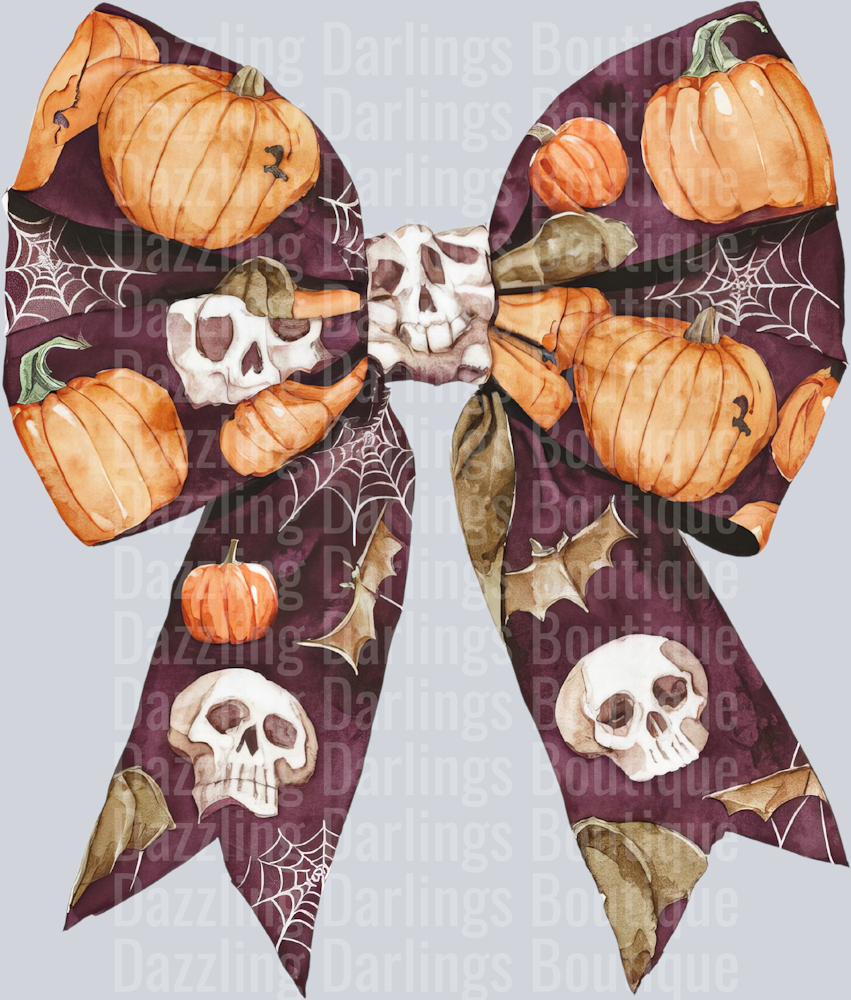 Halloween Fall Coquette Bow Burgundy Pumpkins Skulls Webs