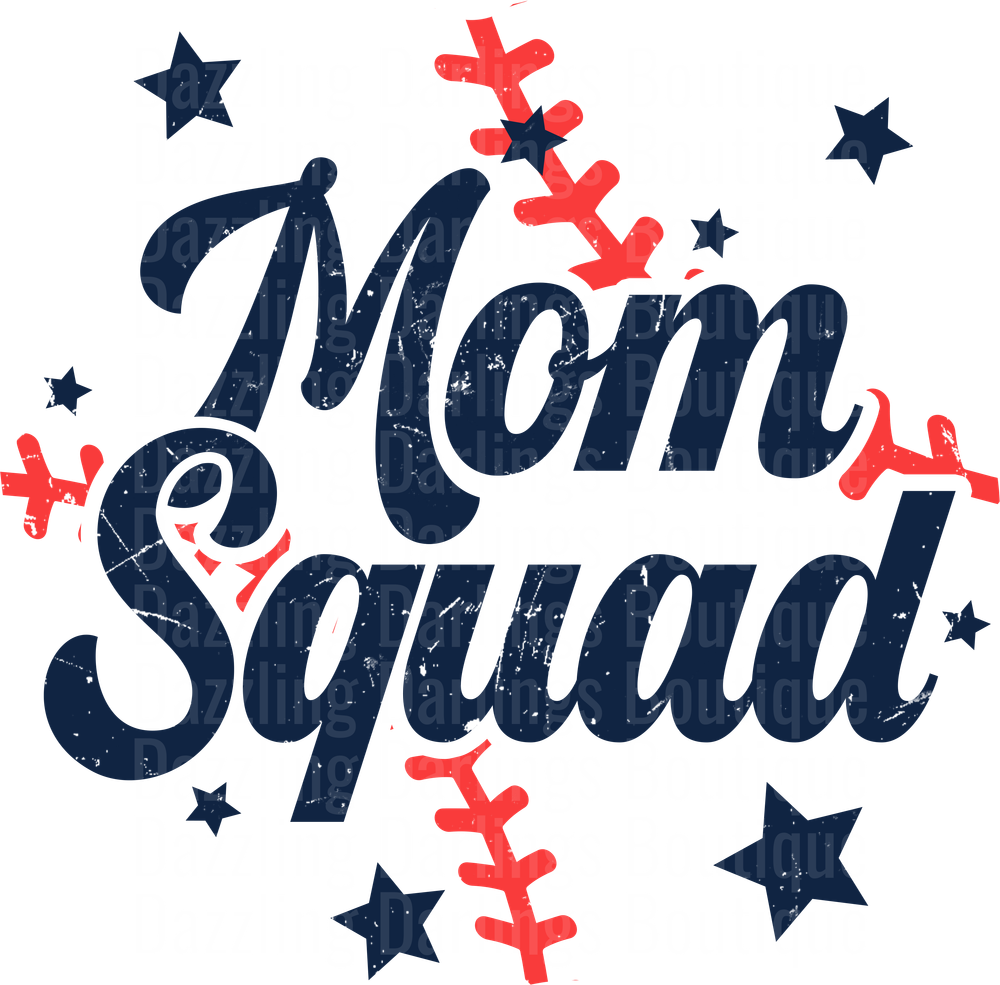 Mom Squad Baseball Typography with Stars and Stitching