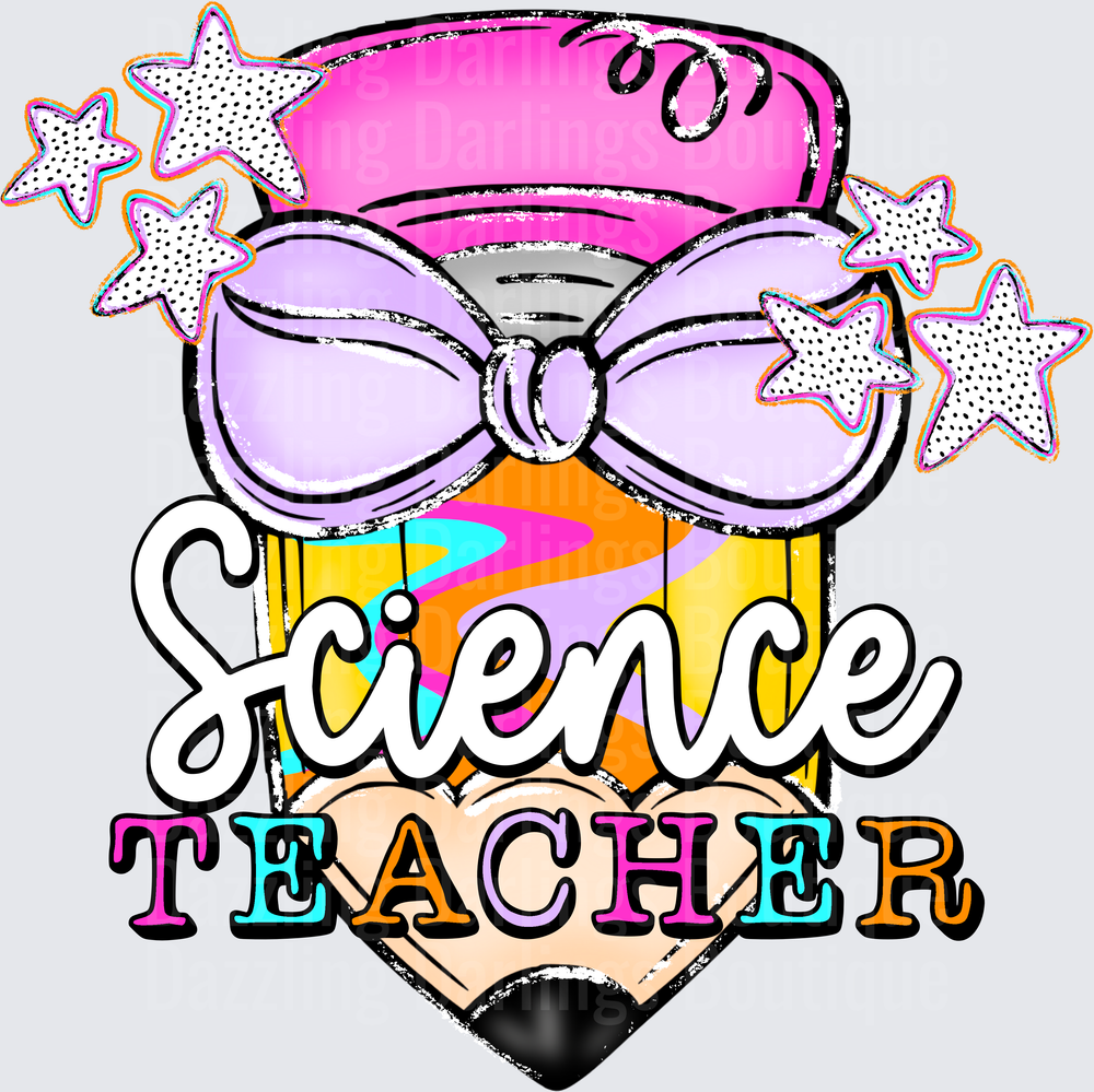 Science Teacher Pencil with Bow and Stars Design