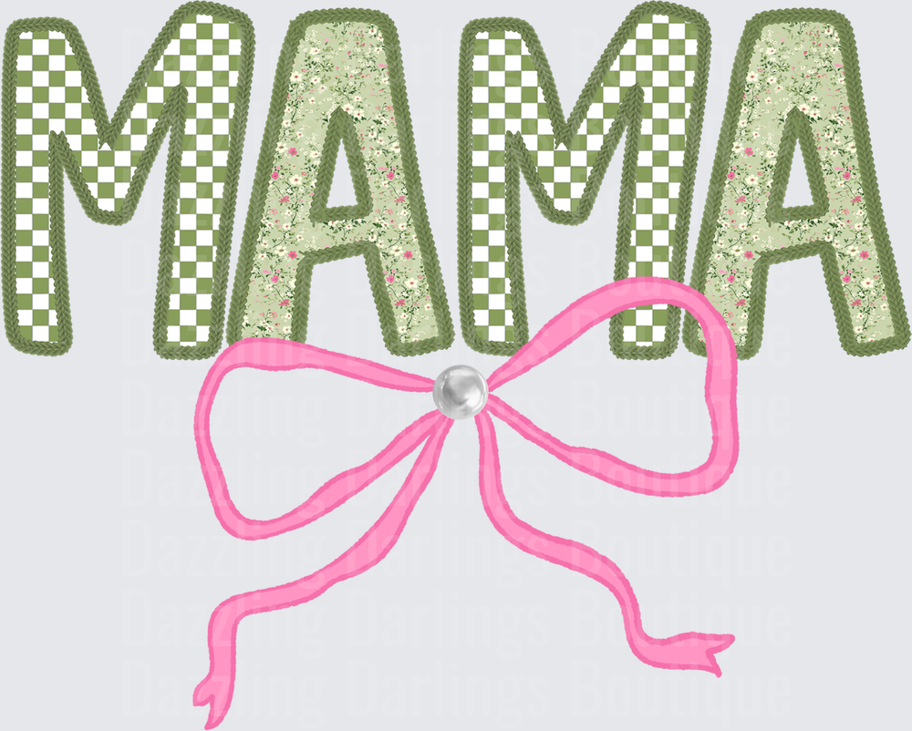 MAMA Green Checkered Floral Letters with Pink Bow