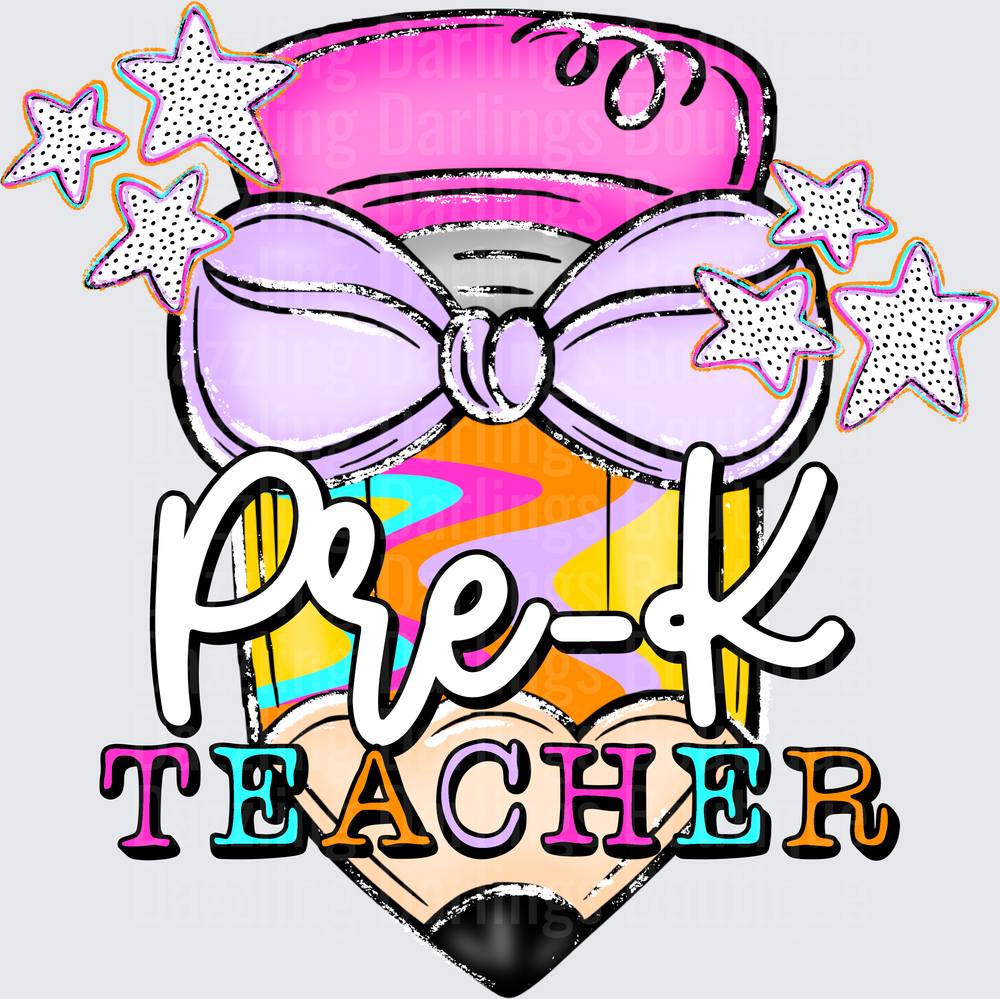 Pre-K Teacher Colorful Pencil with Bow and Stars