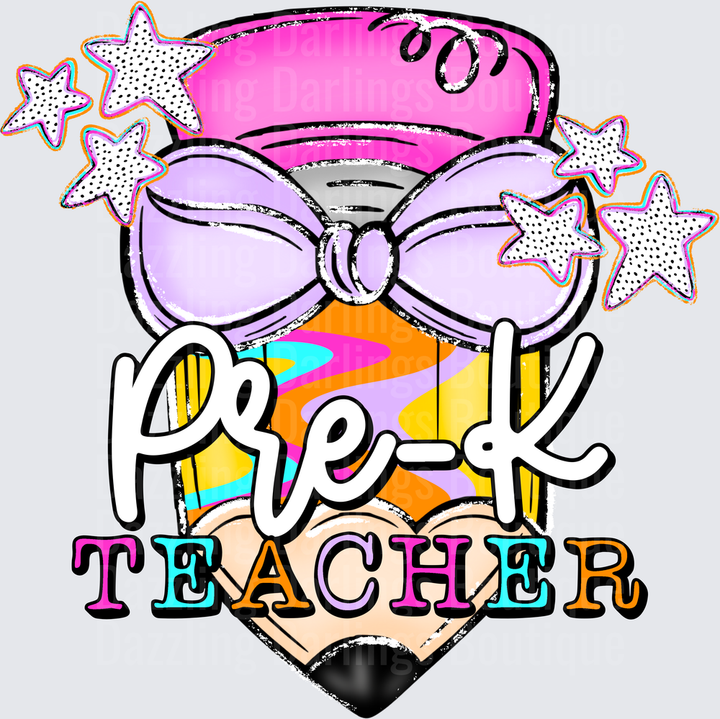 Pre-K Teacher Colorful Pencil with Bow and Stars
