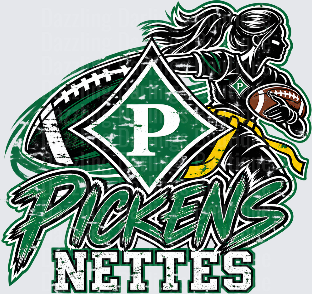 Pickens Nettettes Football Girl Green Diamond Logo Sparkle