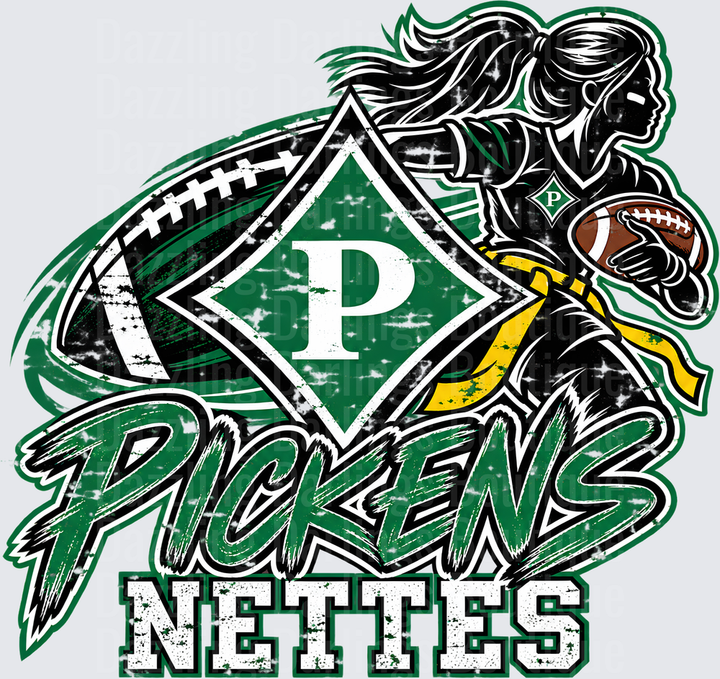 Pickens Nettettes Football Girl Green Diamond Logo Sparkle