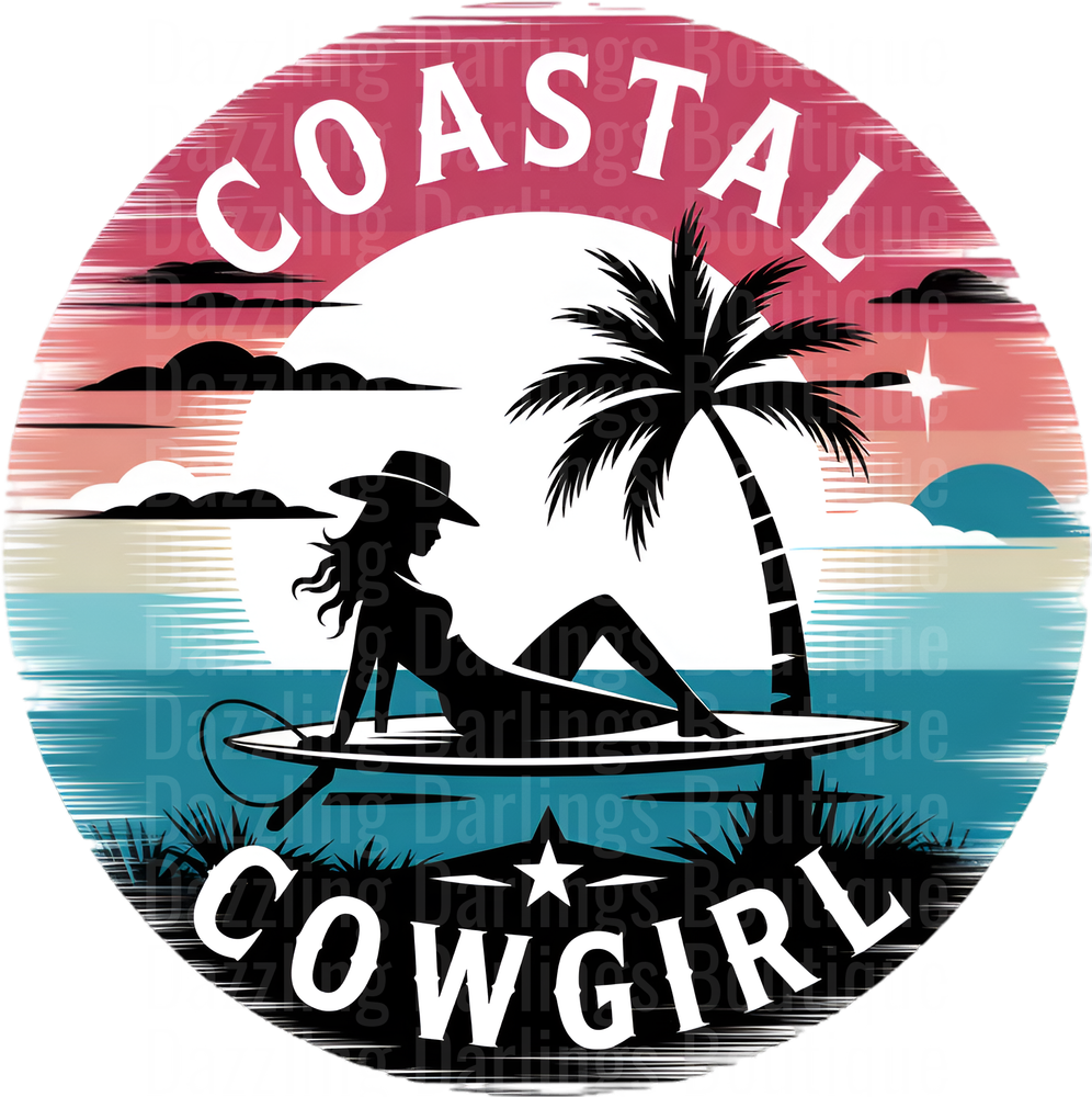 Coastal Cowgirl Sunset Beach Paddleboard Silhouette Circle