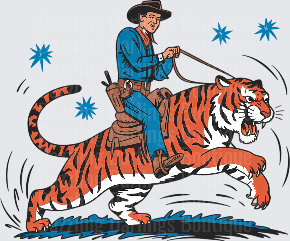 Retro Cowboy Riding a Wild Tiger with Blue Stars