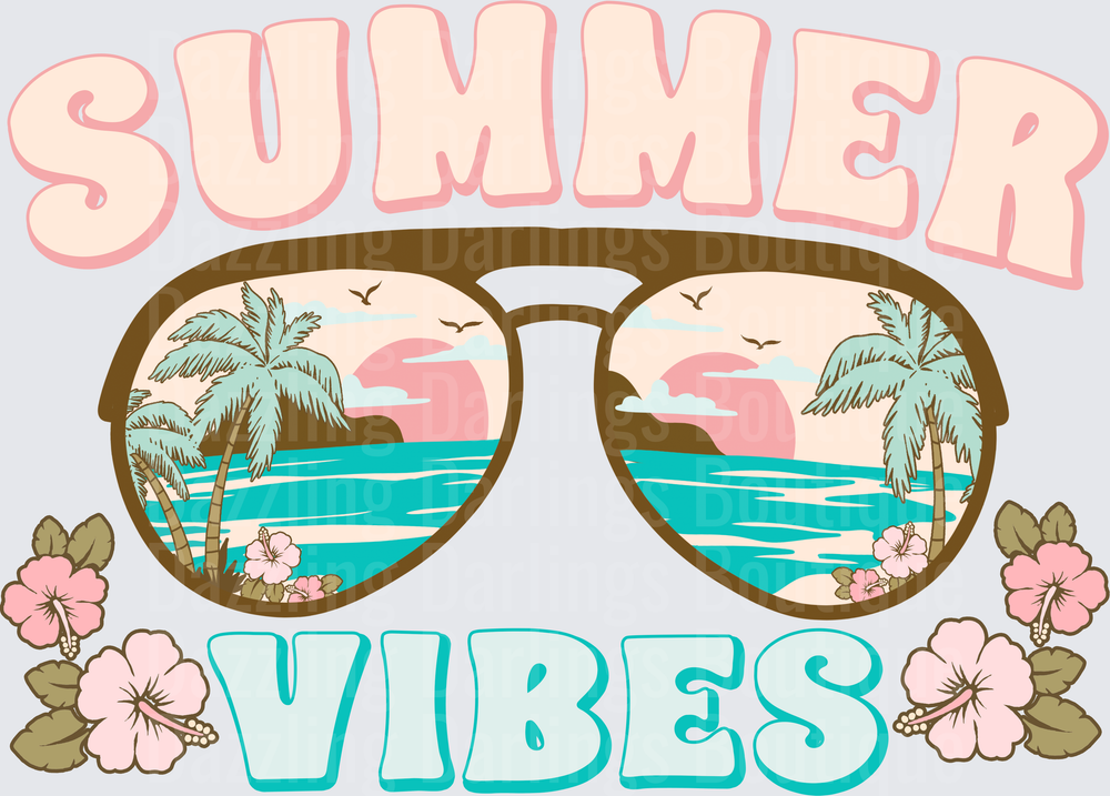 Summer Vibes Sunglasses Beach Scene with Palm Trees and Hibiscus