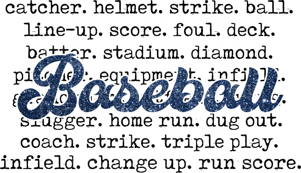 Baseball Typography Design with Blue Glitter Text and Sports Terms