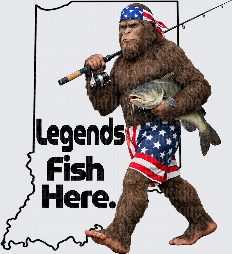Bigfoot Sasquatch Fishing American Flag Legends Fish Here