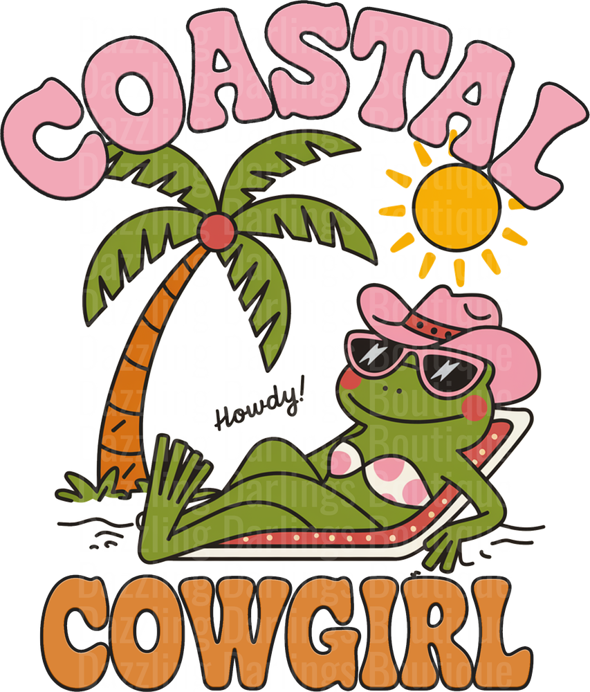 Coastal Cowgirl Frog with Pink Hat Palm Tree Sun Design