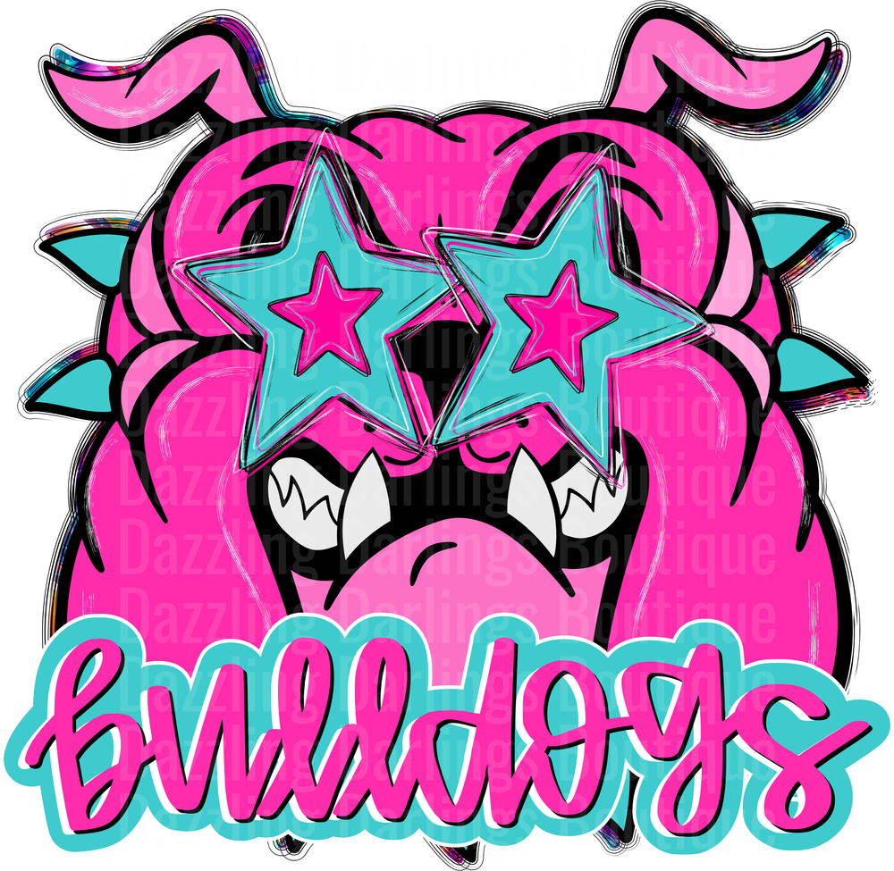 Pink Bulldog with Star Sunglasses and Sharp Teeth