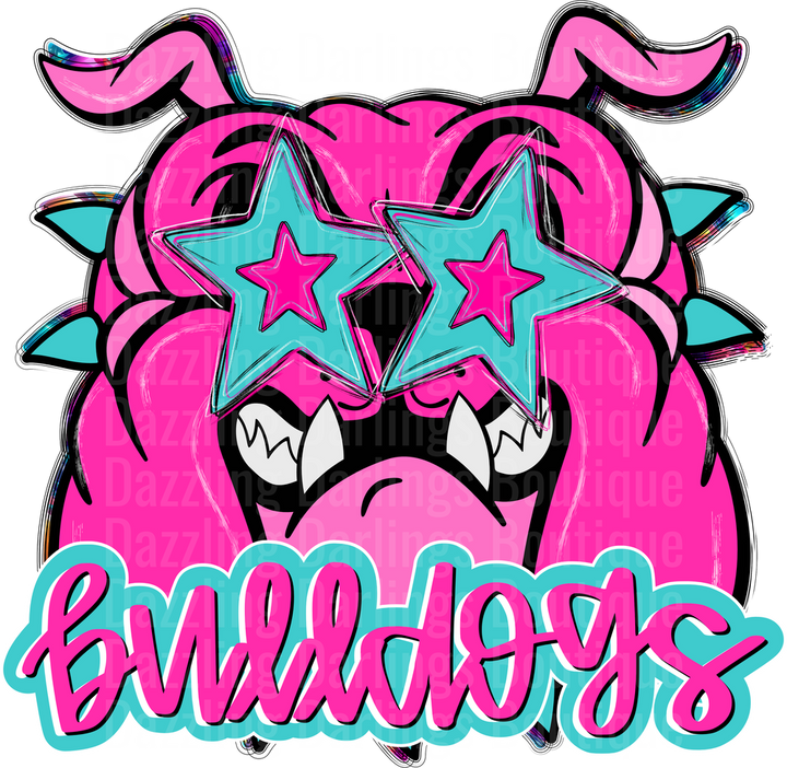 Pink Bulldog with Star Sunglasses and Sharp Teeth