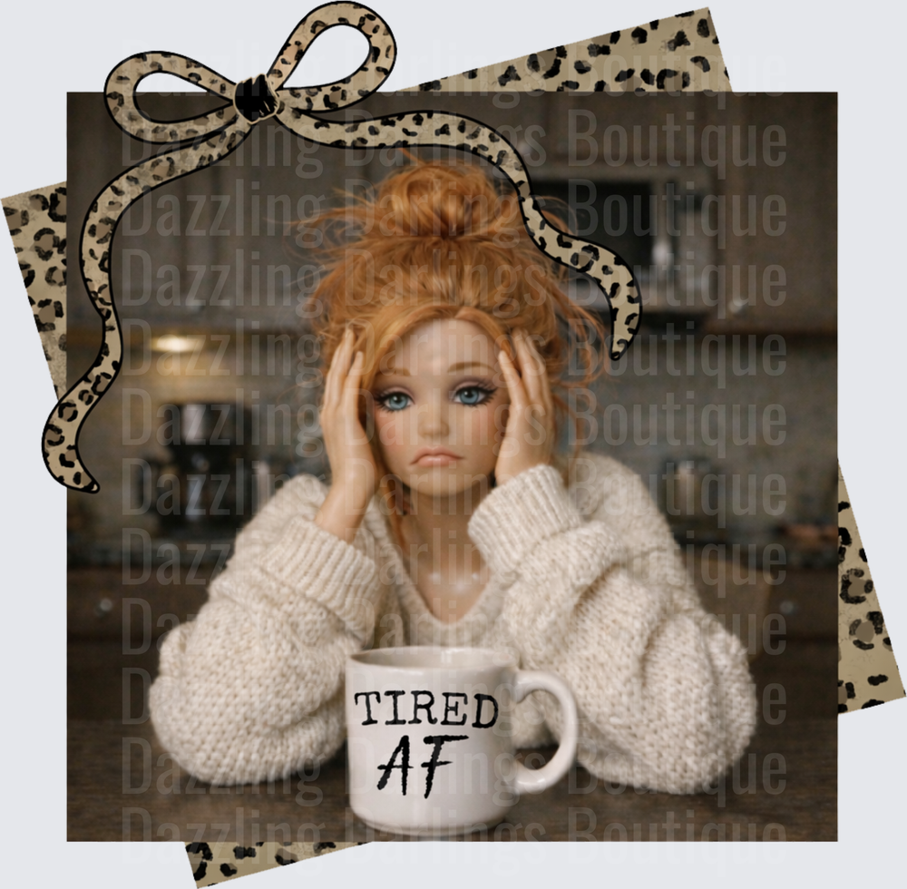 Tired AF Coffee Mug Messy Bun Girl with Leopard Ribbon Frame