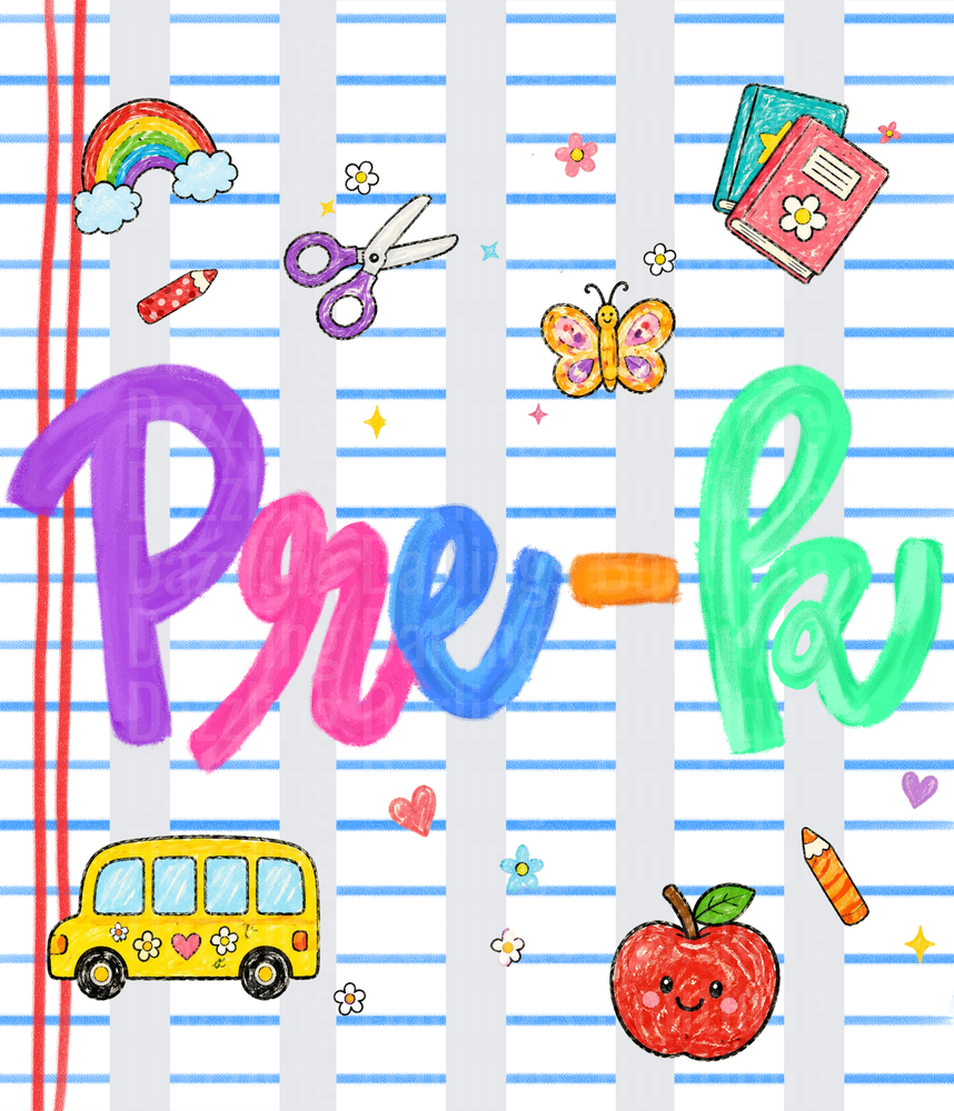 Pre-K Colorful School Doodles Rainbow Bus Apple Design