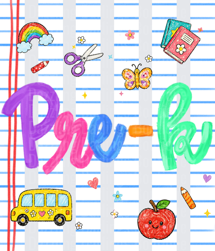 Pre-K Colorful School Doodles Rainbow Bus Apple Design