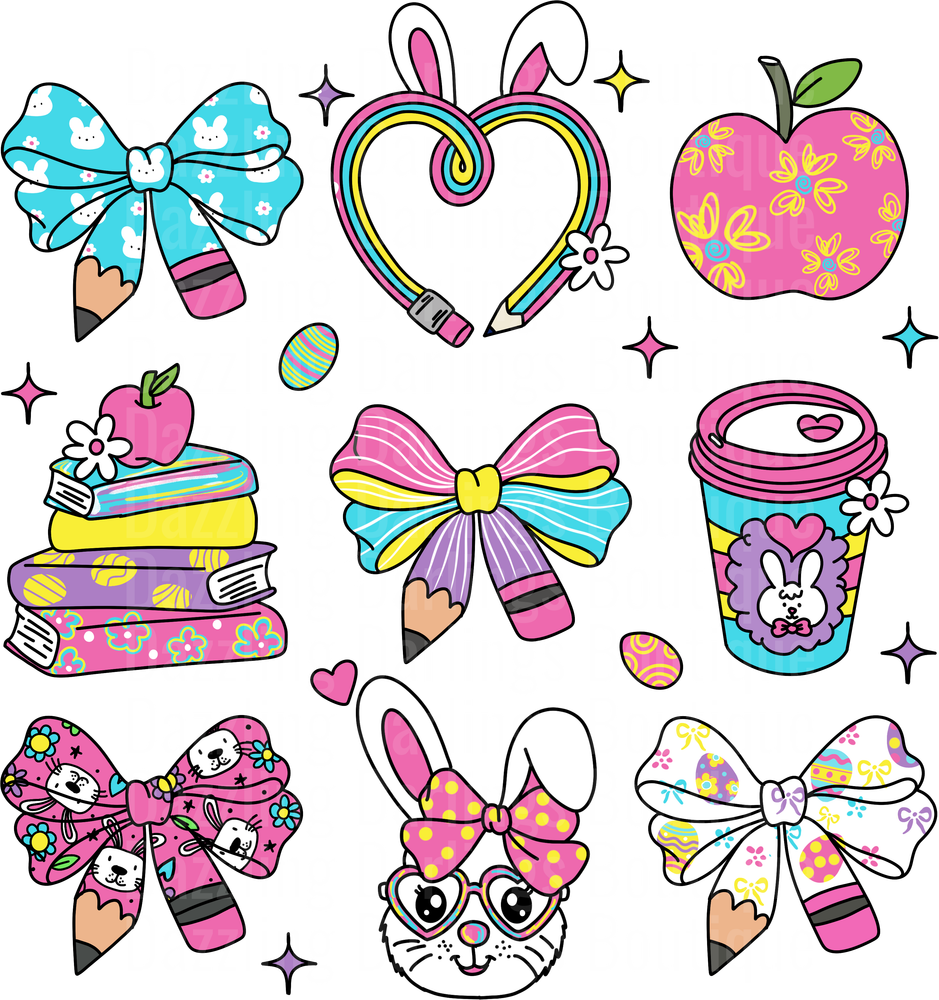 Cute School Supplies with Bunny Ears Hair Bows and Rainbow Hearts