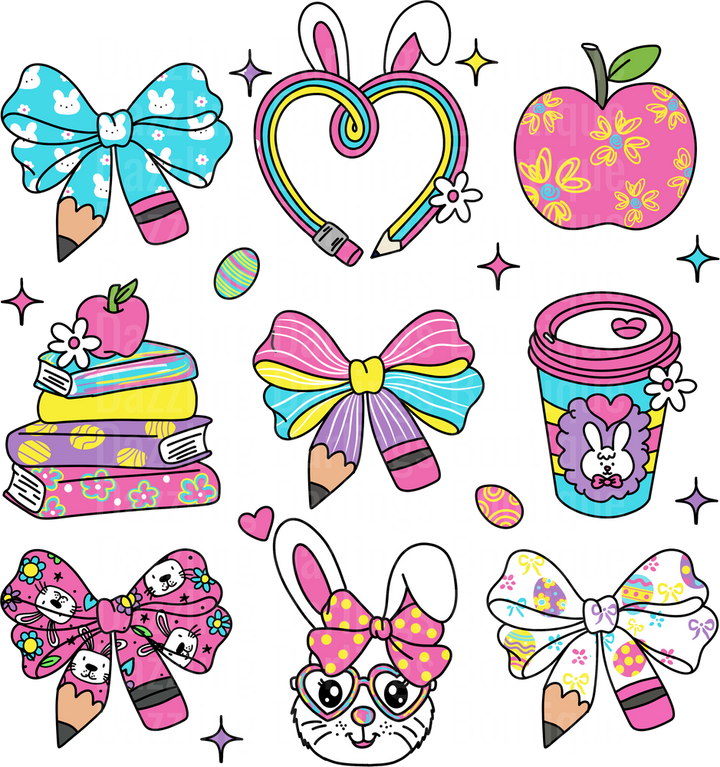 Cute School Supplies with Bunny Ears Hair Bows and Rainbow Hearts