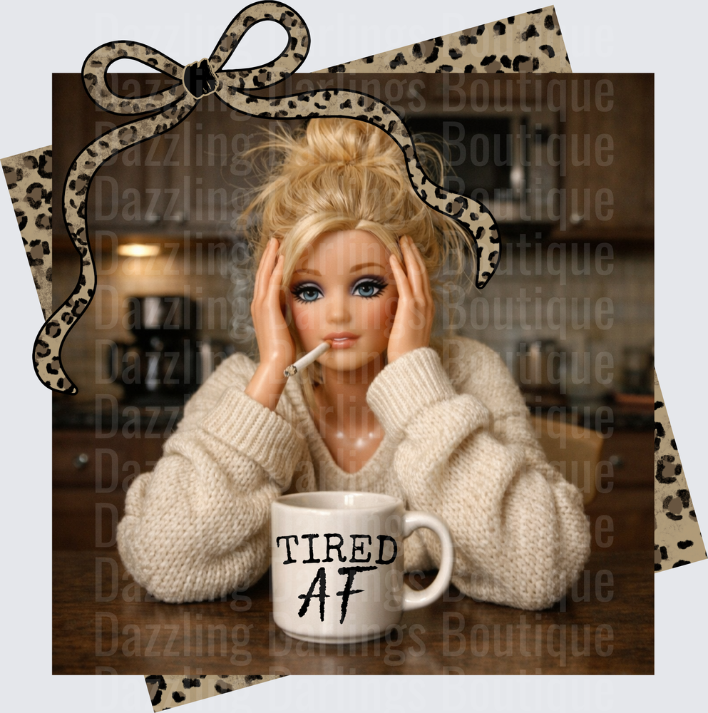 Barbie Doll with Tired AF Coffee Mug in Cozy Sweater