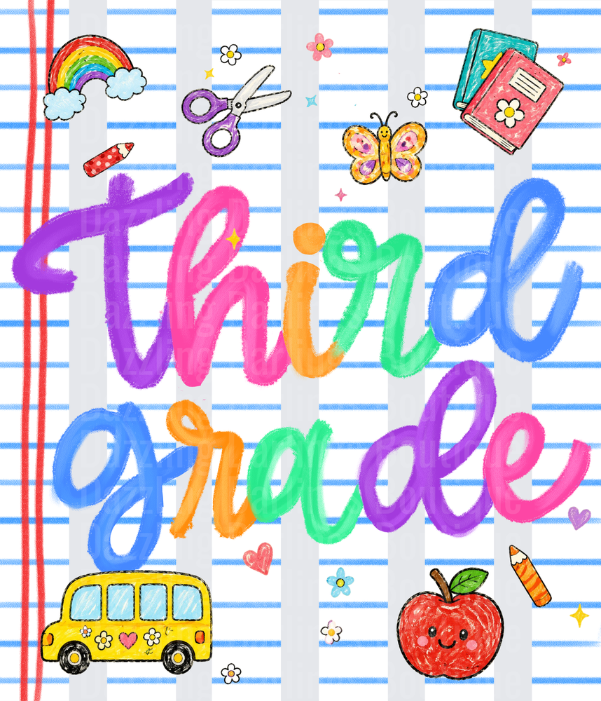 Colorful Third Grade Script with School Doodles