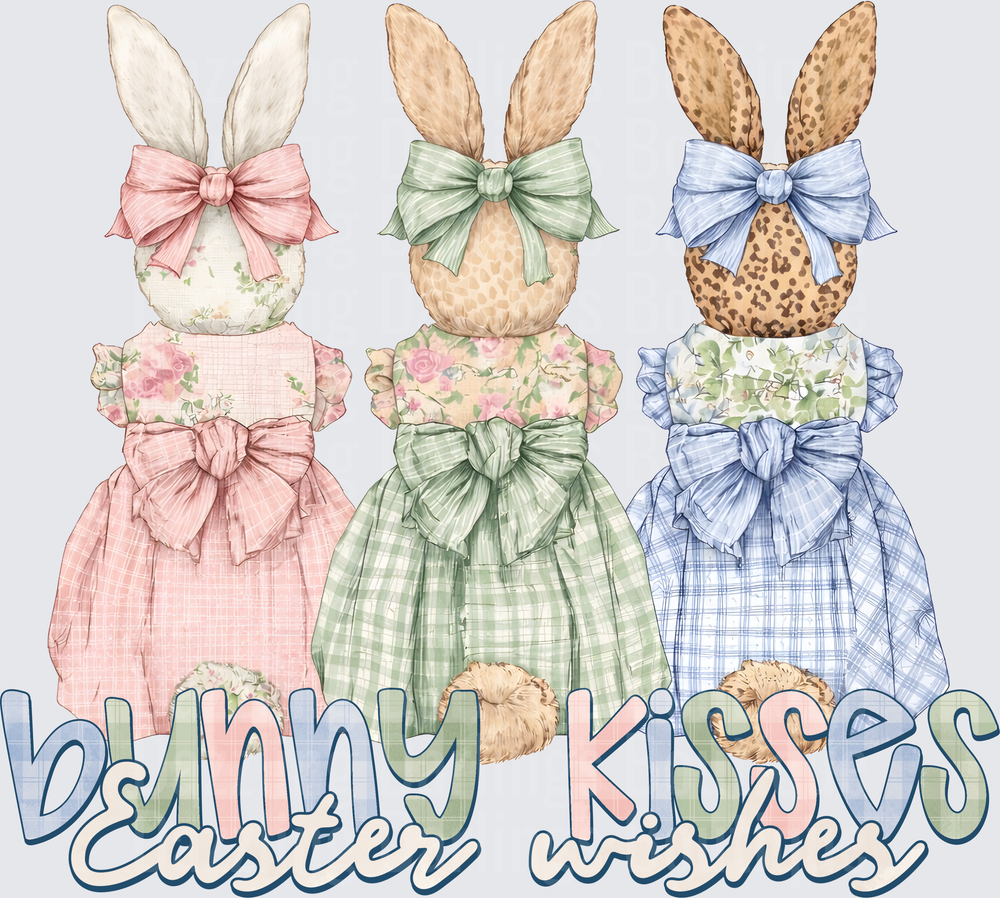 Bunny Kisses Easter Wishes Three Rabbits in Gingham Dresses