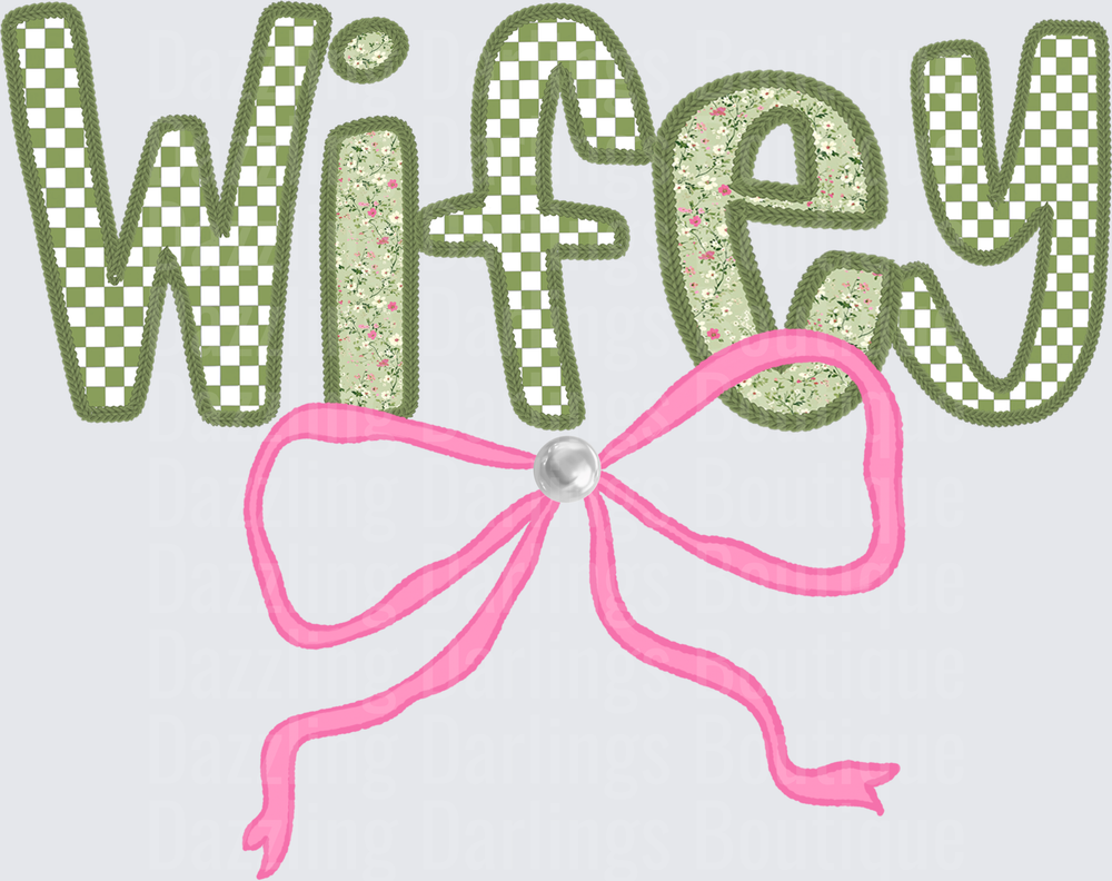 Wifey Text with Pink Bow and Green Floral Pattern