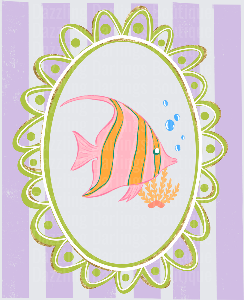 Tropical Fish in Ornate Green Frame with Purple Stripes
