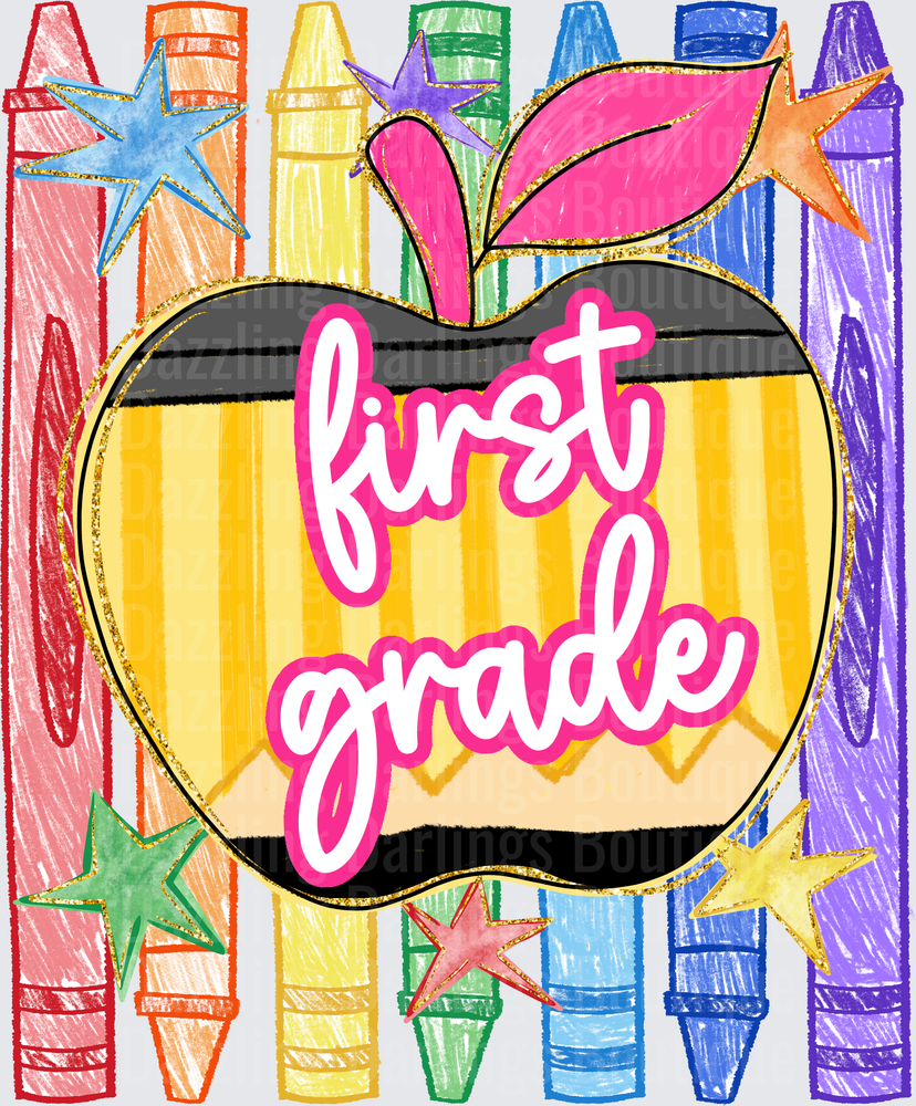First Grade Pencil Apple Rainbow Crayons Stars Design