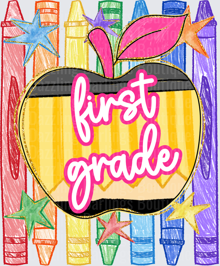 First Grade Pencil Apple Rainbow Crayons Stars Design