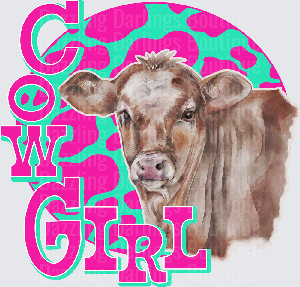 Cow Girl Watercolor Farm Animal Pink Mint Green Typography