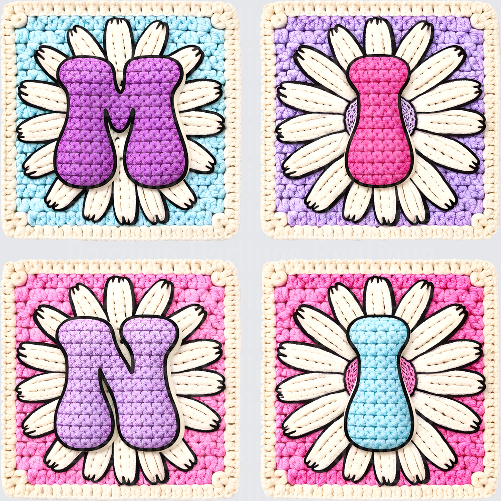 Crochet Granny Square Daisy Flowers with Letter Centers