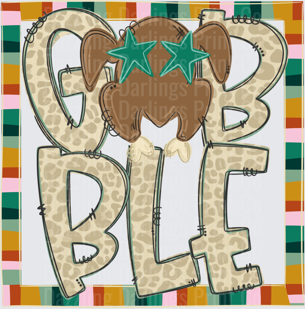 Gobble Leopard Print Letters Thanksgiving Turkey Teal Stars