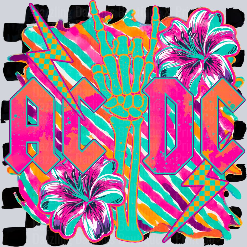 Rock Band Neon Lightning Logo Hibiscus Skeleton Hands