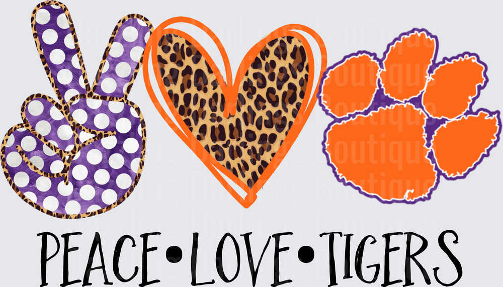 Peace Love Tigers Clemson Paw Purple Orange Leopard Heart