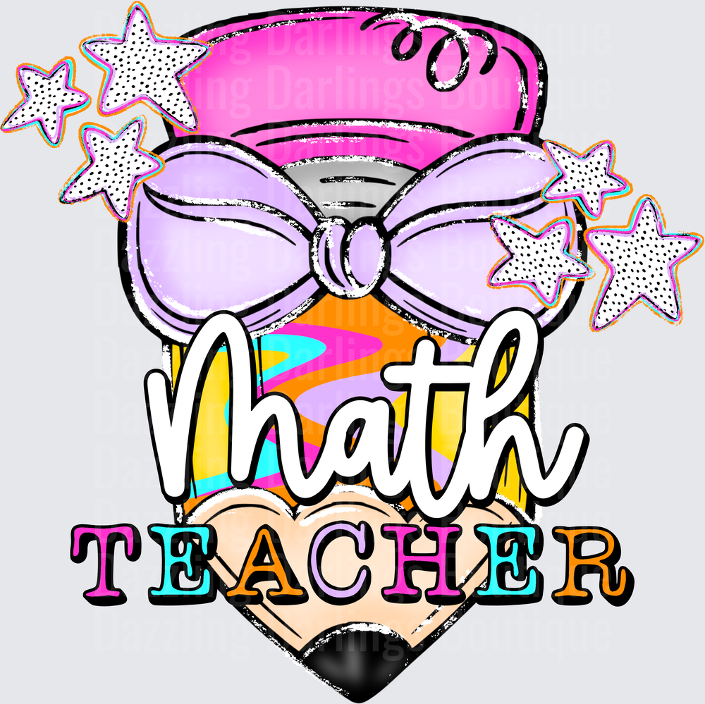 Retro Boho Math Teacher Pencil with Purple Bow and Stars