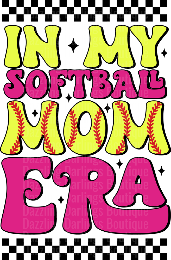 In My Softball Mom Era Retro Checkered Border Design
