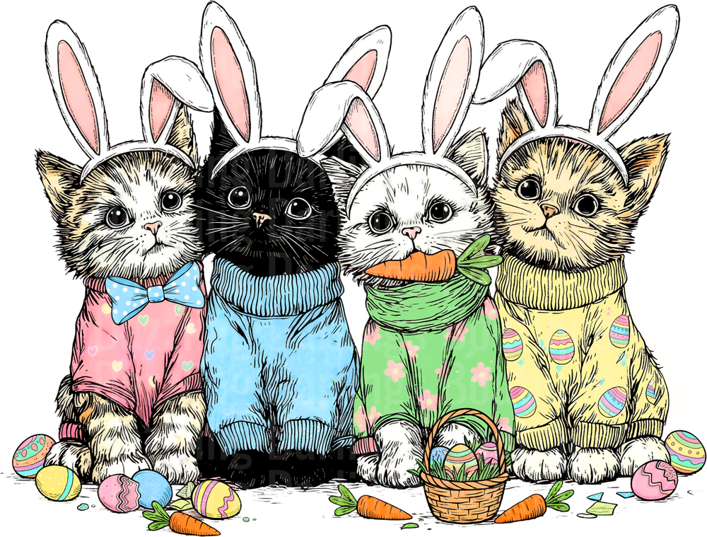 Five Cute Cats Wearing Easter Bunny Ears with Colored Eggs