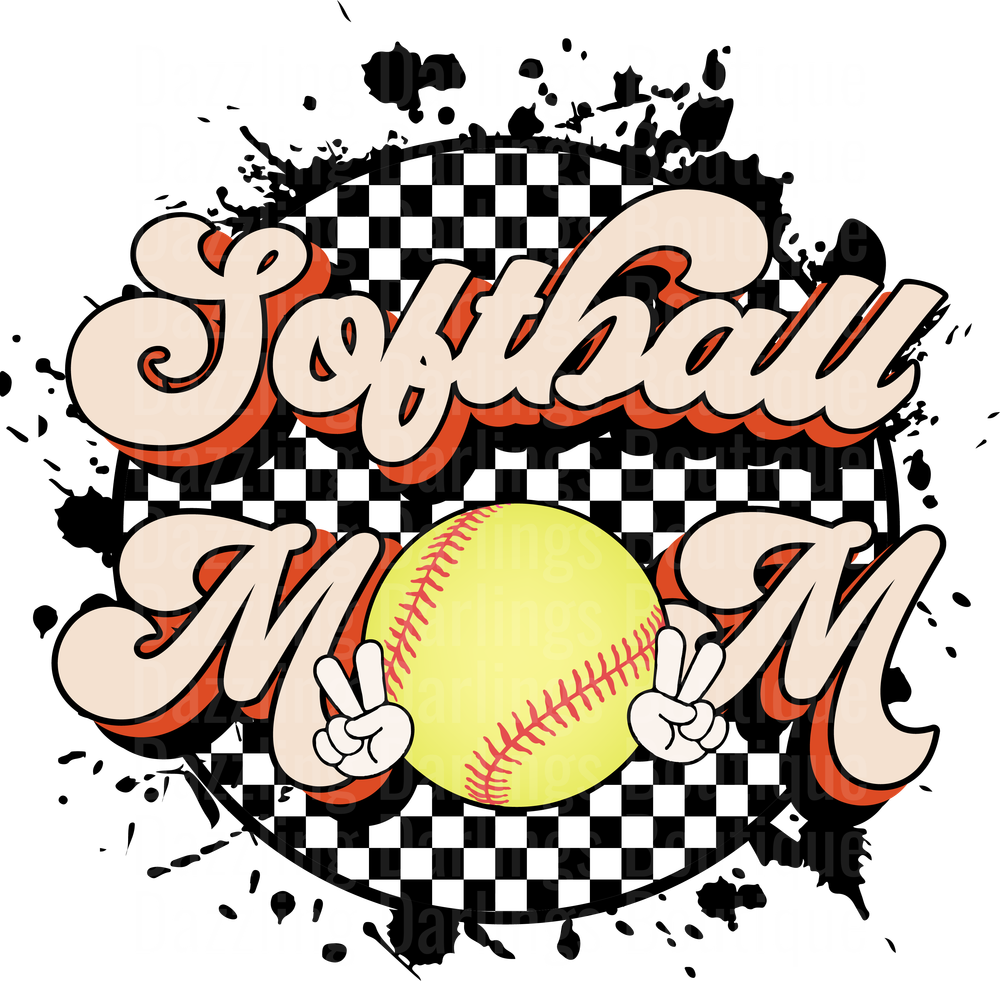 Softball Mom with Peace Sign Hands and Checkered Background
