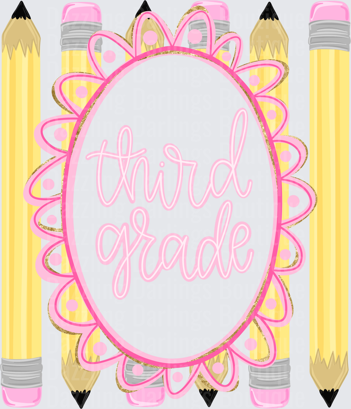Third Grade Pink Floral Oval Frame with Yellow Pencils