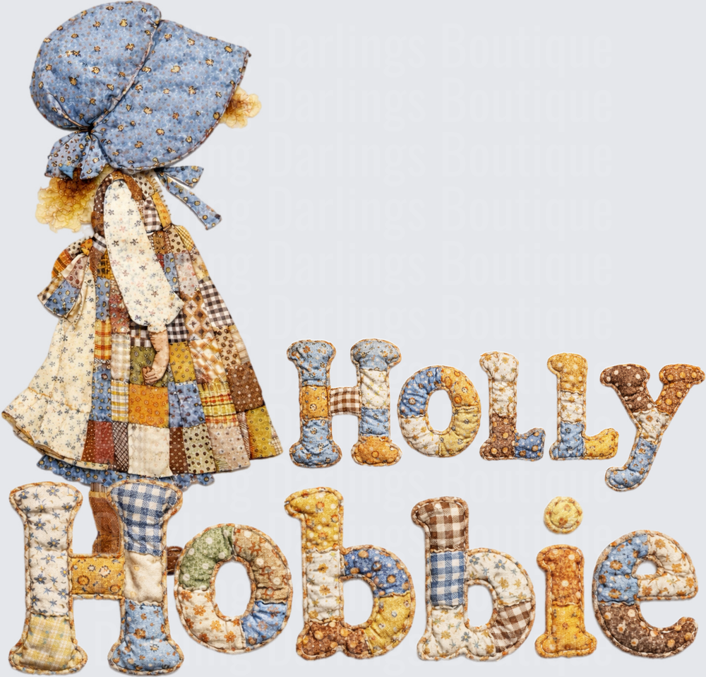 Holly Hobbie Girl in Blue Bonnet with Patchwork Dress Text