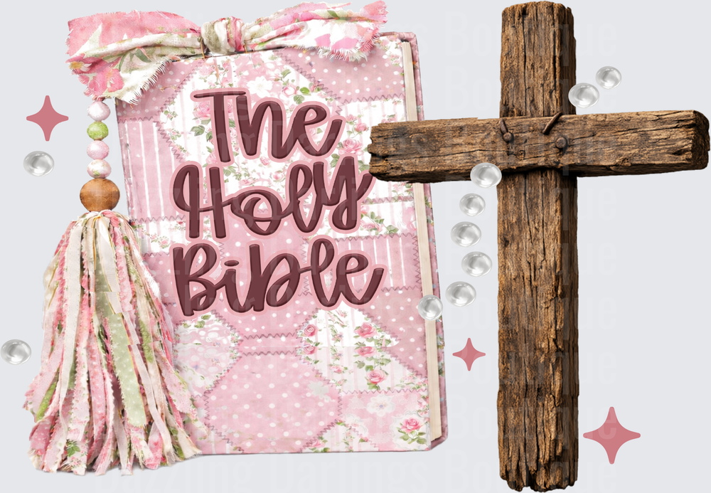 The Holy Bible with Wooden Cross Pink Floral Vintage Design